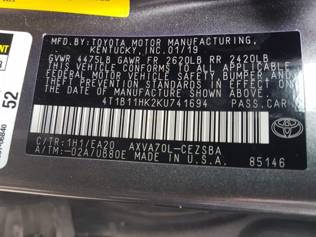 Photo 9 VIN: 4T1B11HK2KU741694 - TOYOTA CAMRY SE 