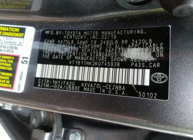 Photo 8 VIN: 4T1B11HK2KU745938 - TOYOTA CAMRY 