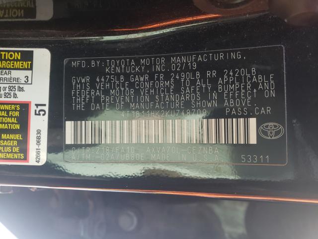 Photo 9 VIN: 4T1B11HK2KU748709 - TOYOTA CAMRY L 