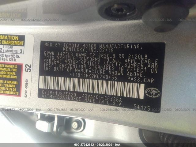 Photo 8 VIN: 4T1B11HK2KU749455 - TOYOTA CAMRY 