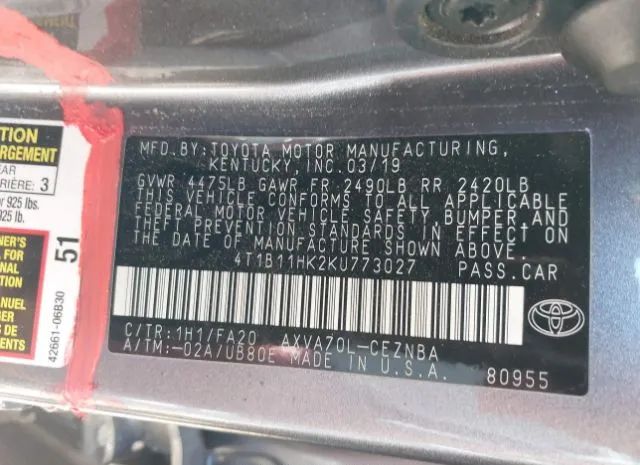 Photo 8 VIN: 4T1B11HK2KU773027 - TOYOTA CAMRY 