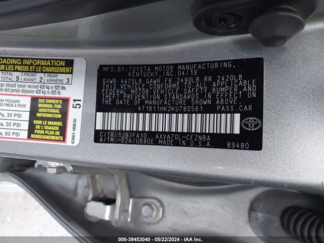 Photo 8 VIN: 4T1B11HK2KU780561 - TOYOTA CAMRY 