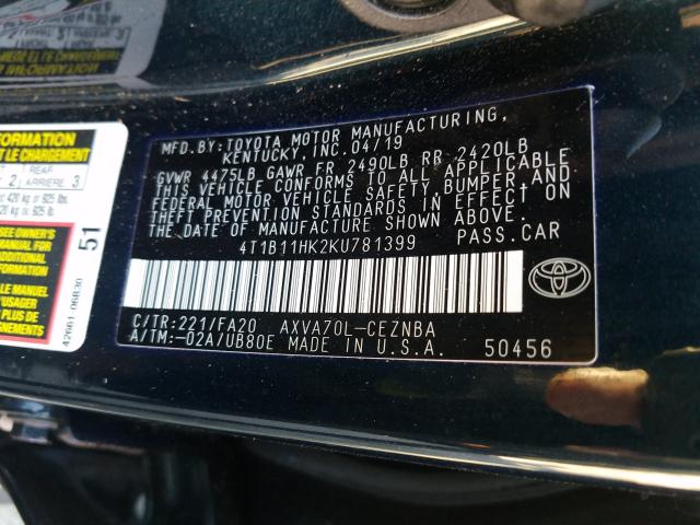 Photo 9 VIN: 4T1B11HK2KU781399 - TOYOTA CAMRY 