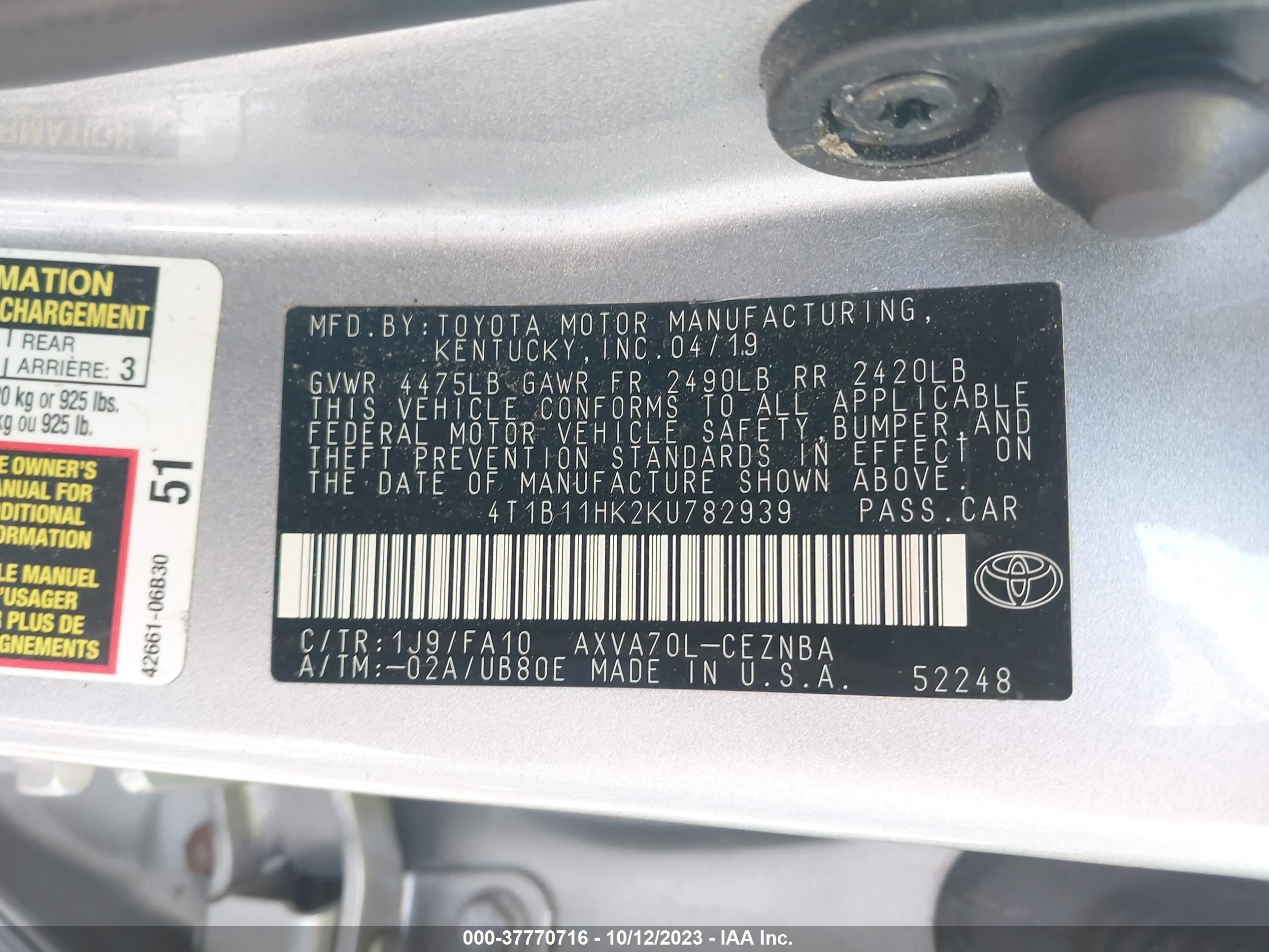 Photo 8 VIN: 4T1B11HK2KU782939 - TOYOTA CAMRY 