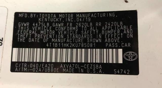 Photo 9 VIN: 4T1B11HK2KU785081 - TOYOTA CAMRY SE 