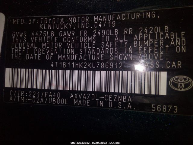 Photo 8 VIN: 4T1B11HK2KU786912 - TOYOTA CAMRY 