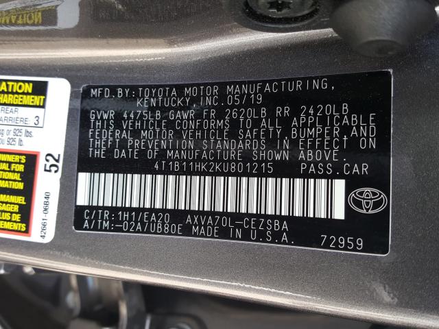 Photo 9 VIN: 4T1B11HK2KU801215 - TOYOTA CAMRY L 