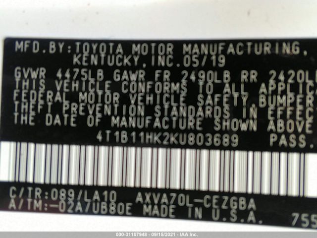 Photo 8 VIN: 4T1B11HK2KU803689 - TOYOTA CAMRY 