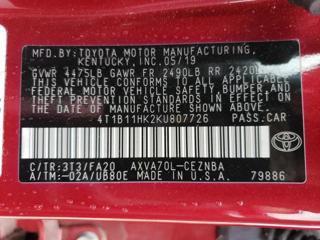 Photo 9 VIN: 4T1B11HK2KU807726 - TOYOTA CAMRY L 