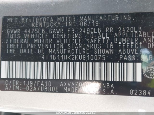 Photo 8 VIN: 4T1B11HK2KU810075 - TOYOTA CAMRY 