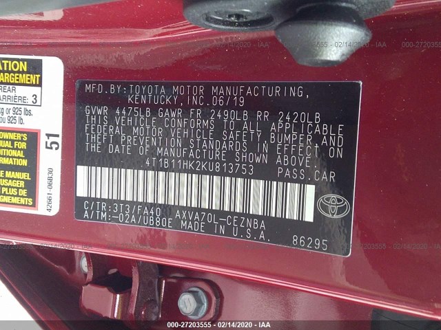 Photo 8 VIN: 4T1B11HK2KU813753 - TOYOTA CAMRY 