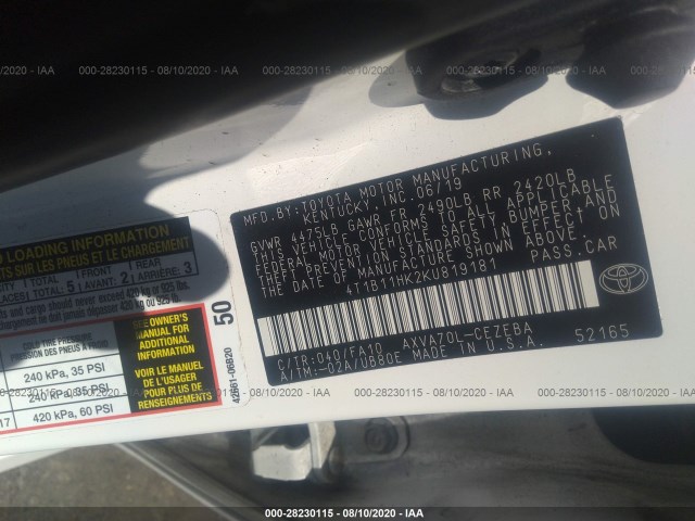 Photo 8 VIN: 4T1B11HK2KU819181 - TOYOTA CAMRY 