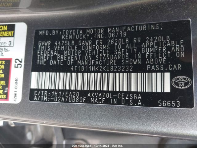 Photo 8 VIN: 4T1B11HK2KU823232 - TOYOTA CAMRY 