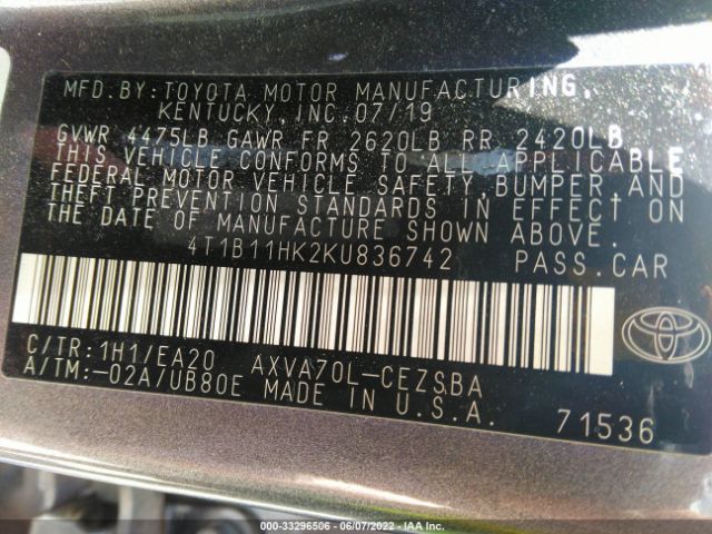 Photo 8 VIN: 4T1B11HK2KU836742 - TOYOTA CAMRY 