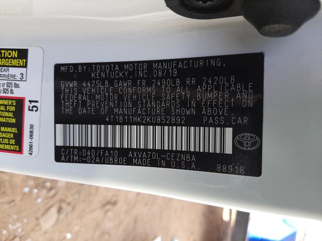 Photo 9 VIN: 4T1B11HK2KU852892 - TOYOTA CAMRY L 