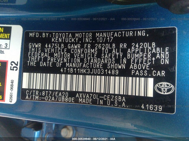 Photo 8 VIN: 4T1B11HK3JU031489 - TOYOTA CAMRY 