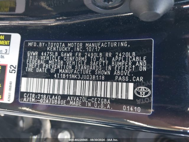 Photo 8 VIN: 4T1B11HK3JU038118 - TOYOTA CAMRY 