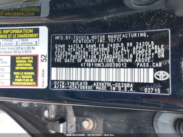 Photo 8 VIN: 4T1B11HK3JU039012 - TOYOTA CAMRY 