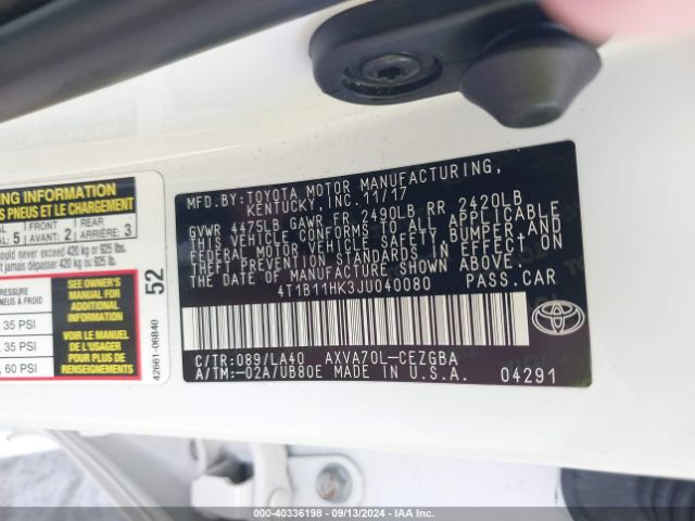 Photo 8 VIN: 4T1B11HK3JU040080 - TOYOTA CAMRY 