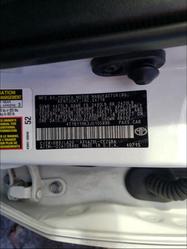 Photo 9 VIN: 4T1B11HK3JU105896 - TOYOTA CAMRY L 