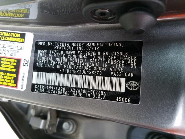 Photo 9 VIN: 4T1B11HK3JU138378 - TOYOTA CAMRY 