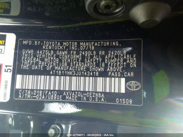 Photo 8 VIN: 4T1B11HK3JU143418 - TOYOTA CAMRY 