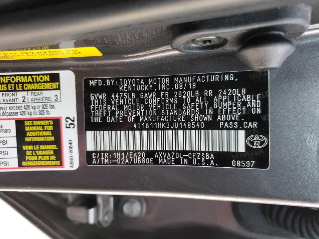 Photo 9 VIN: 4T1B11HK3JU148540 - TOYOTA CAMRY L 