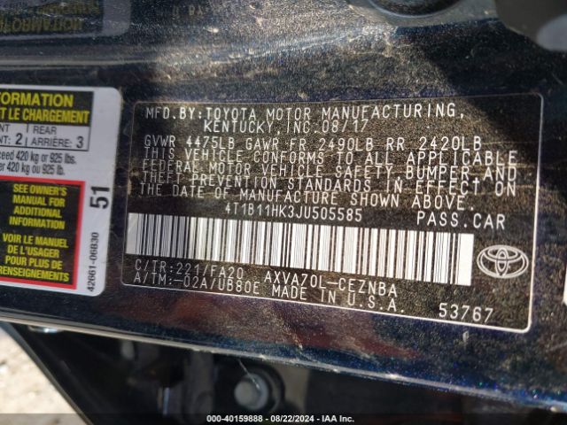 Photo 8 VIN: 4T1B11HK3JU505585 - TOYOTA CAMRY 