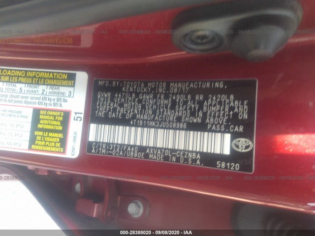 Photo 8 VIN: 4T1B11HK3JU508986 - TOYOTA CAMRY 