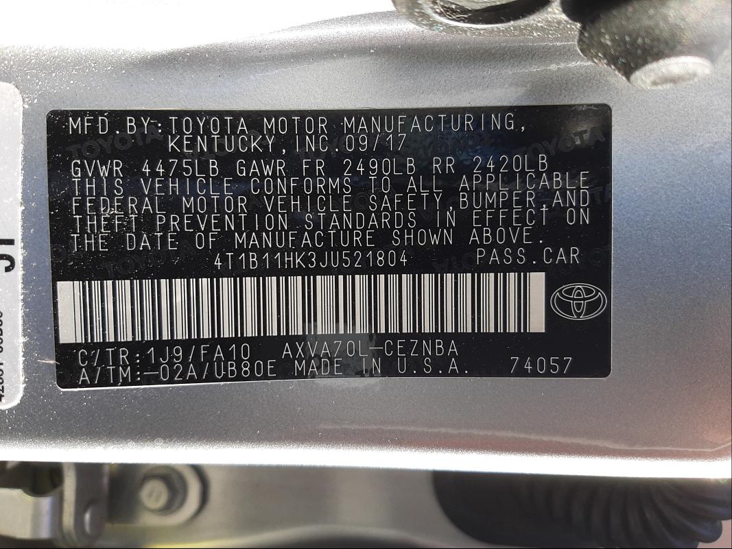 Photo 9 VIN: 4T1B11HK3JU521804 - TOYOTA CAMRY L 