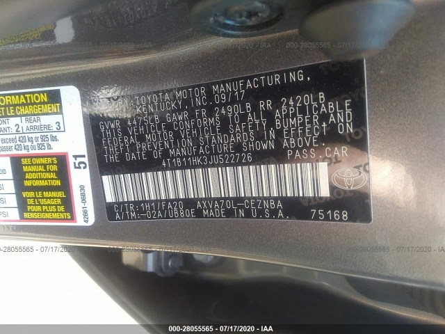 Photo 8 VIN: 4T1B11HK3JU522726 - TOYOTA CAMRY 