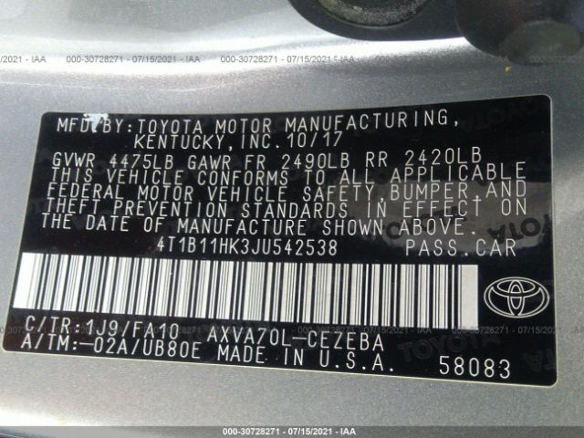 Photo 8 VIN: 4T1B11HK3JU542538 - TOYOTA CAMRY 