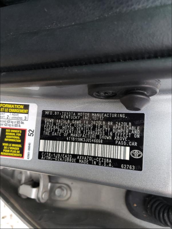 Photo 9 VIN: 4T1B11HK3JU546668 - TOYOTA CAMRY L 