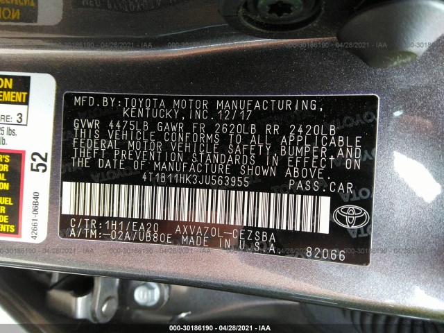 Photo 8 VIN: 4T1B11HK3JU563955 - TOYOTA CAMRY 