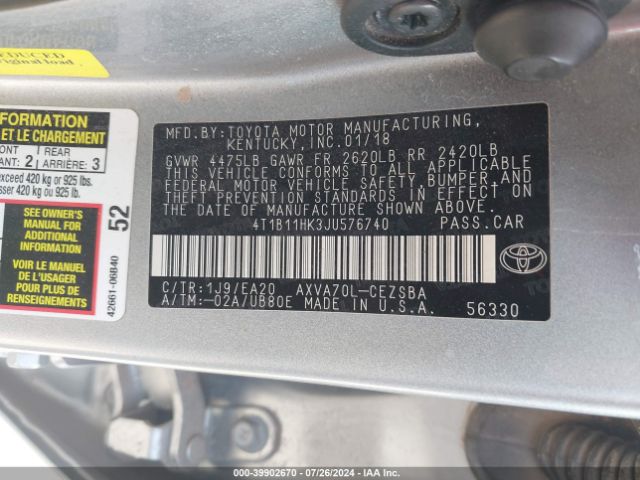 Photo 8 VIN: 4T1B11HK3JU576740 - TOYOTA CAMRY 