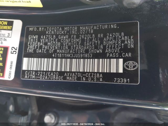 Photo 8 VIN: 4T1B11HK3JU591853 - TOYOTA CAMRY 