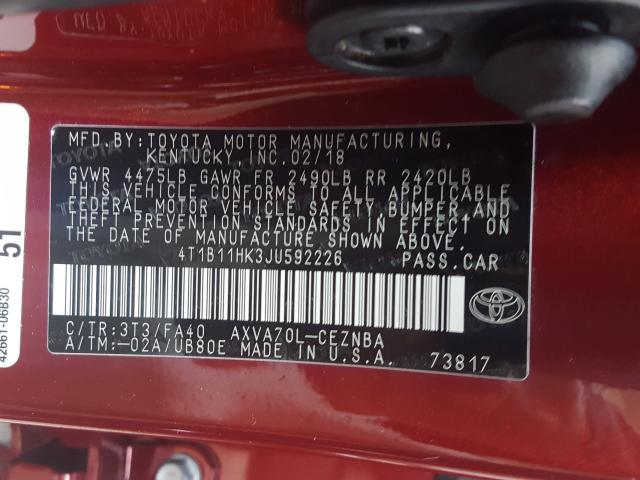 Photo 9 VIN: 4T1B11HK3JU592226 - TOYOTA CAMRY L 