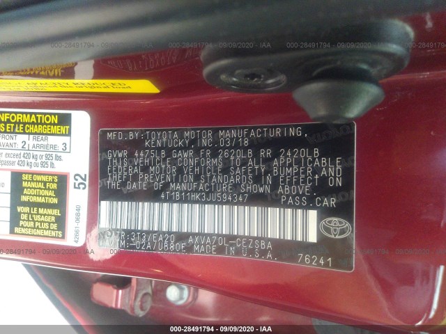 Photo 8 VIN: 4T1B11HK3JU594347 - TOYOTA CAMRY 