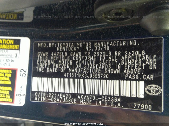 Photo 8 VIN: 4T1B11HK3JU595790 - TOYOTA CAMRY 