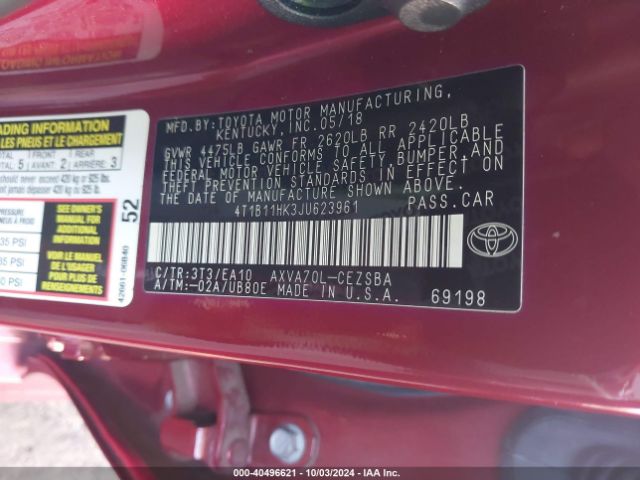 Photo 8 VIN: 4T1B11HK3JU623961 - TOYOTA CAMRY 