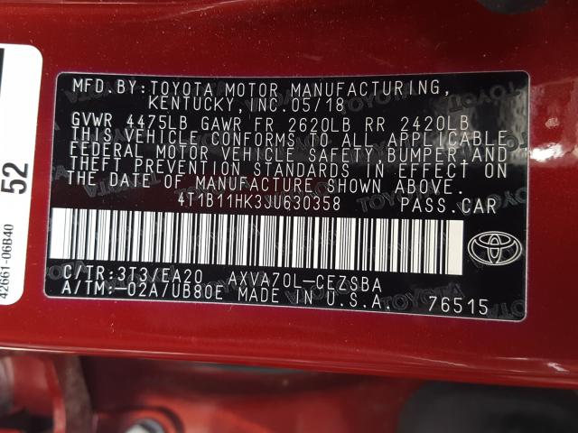 Photo 9 VIN: 4T1B11HK3JU630358 - TOYOTA CAMRY L 