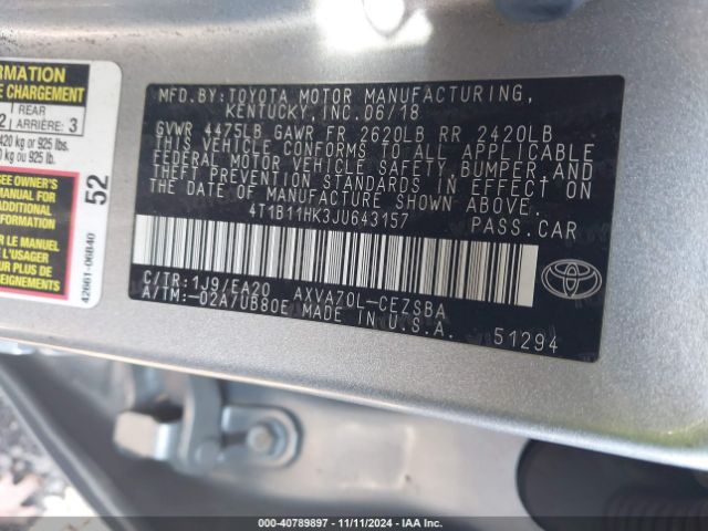 Photo 8 VIN: 4T1B11HK3JU643157 - TOYOTA CAMRY 