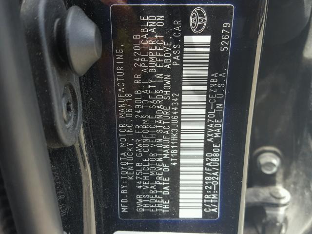 Photo 9 VIN: 4T1B11HK3JU644342 - TOYOTA CAMRY L 