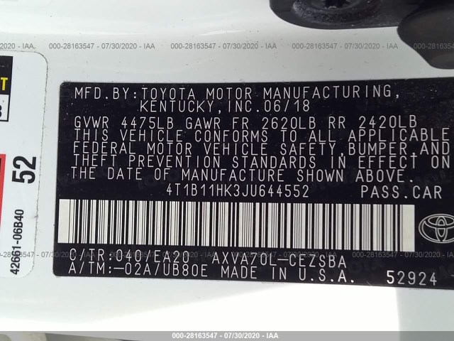 Photo 8 VIN: 4T1B11HK3JU644552 - TOYOTA CAMRY 