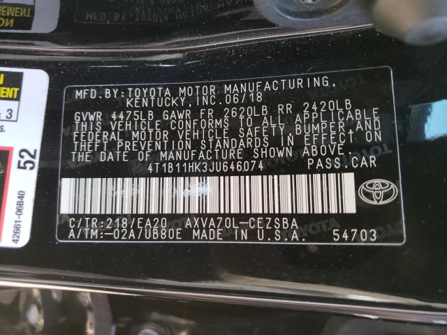 Photo 9 VIN: 4T1B11HK3JU646074 - TOYOTA CAMRY L 