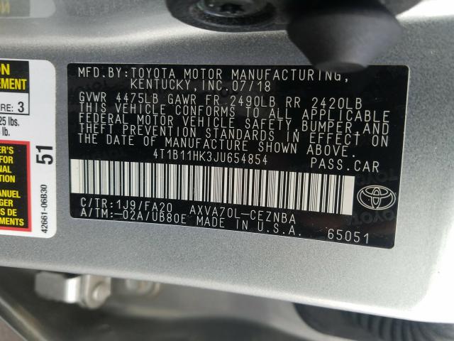 Photo 9 VIN: 4T1B11HK3JU654854 - TOYOTA CAMRY L 