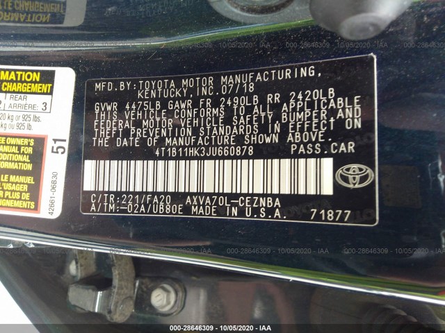 Photo 8 VIN: 4T1B11HK3JU660878 - TOYOTA CAMRY 