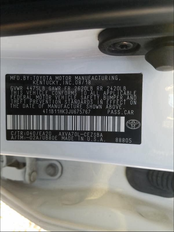 Photo 9 VIN: 4T1B11HK3JU675767 - TOYOTA CAMRY L 