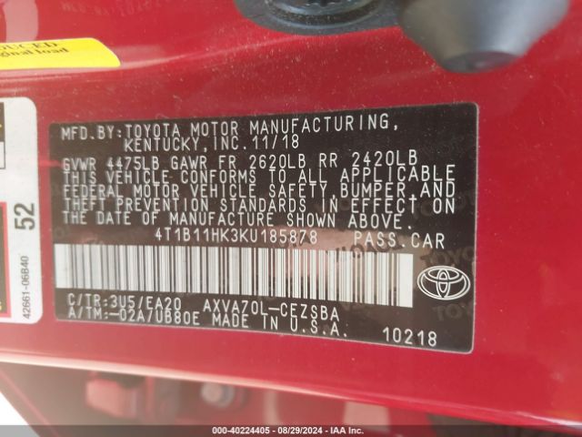 Photo 8 VIN: 4T1B11HK3KU185878 - TOYOTA CAMRY 