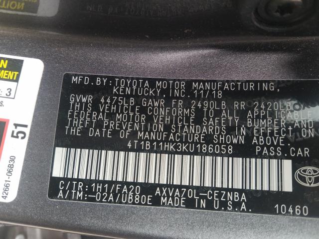 Photo 9 VIN: 4T1B11HK3KU186058 - TOYOTA CAMRY L 